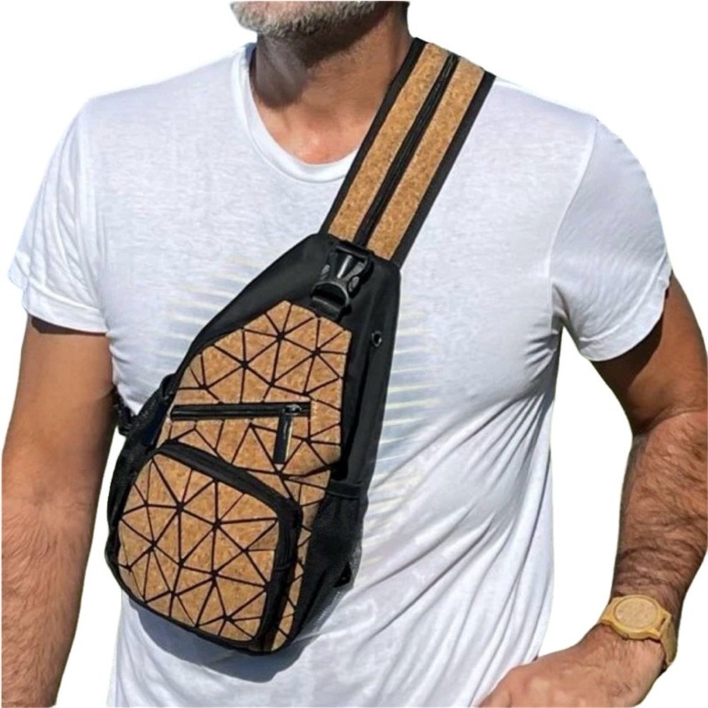 Cork Sling Backpack Small Tan‎ Black Geometric Mosaic Convertible Bag Crossbody